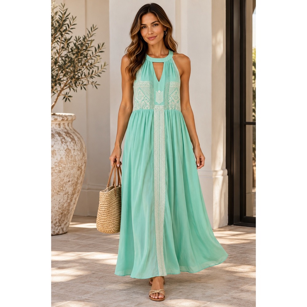 THML Size L Mint Green Embroidered Halter Maxi Dress Boho Resort